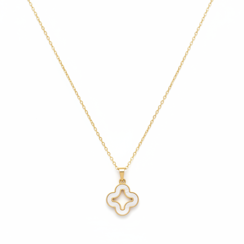ICE WOLF - Stainless Steel Ketting goudkleurig met parelmoer klaverhanger - 45cm